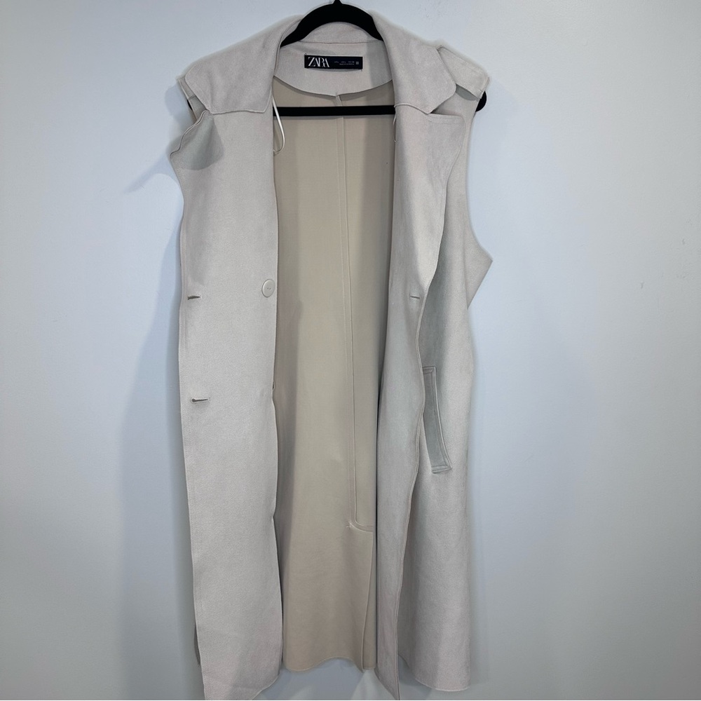 ZARA WOMAN LONG FAUX SUEDE CREAM WITH BELT VEST SIZE L - Picture 10 of 12